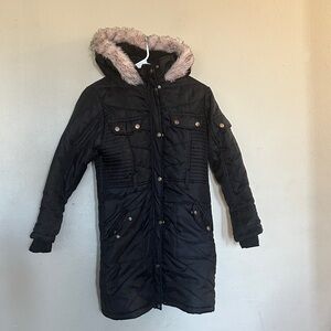 The Girls Black Puffer Coat with Faux Fur Hood